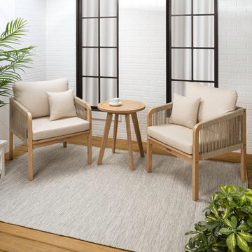 Aveiro 3-Piece Modern Bohemian Roped Corner Acacia Wood Conversation Outdoor Patio Set with Cushions